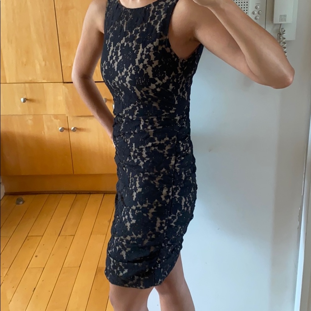 Form Fitting Black Lace Dress with Ruching - Picture 2 of 8